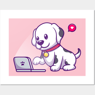 Cute Dalmatian Dog Playing Laptop Cartoon Posters and Art